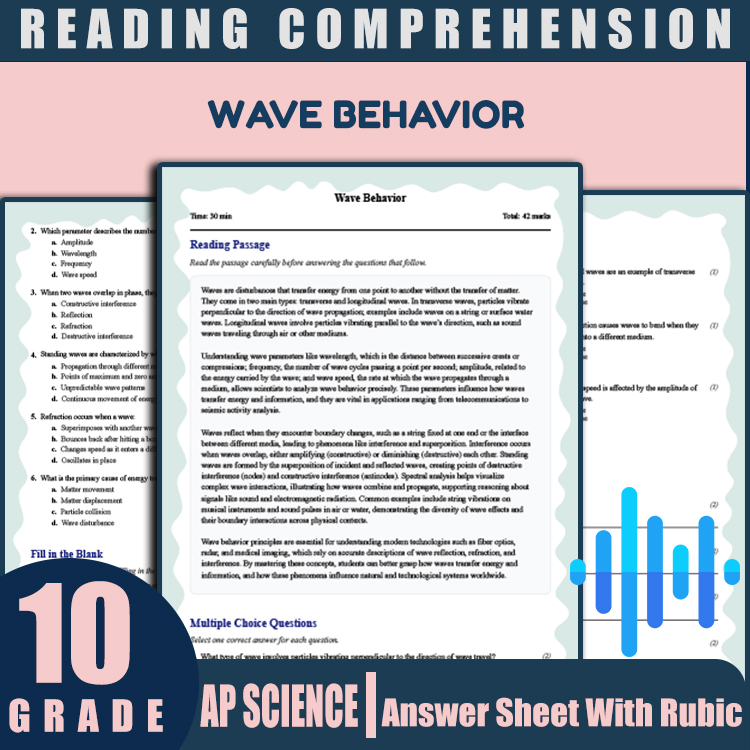 Grade 10 Science reading worksheets worksheet — Grade 10 Science | Wave Behavior Reading Worksheet (PDF + Rubric) — page 1