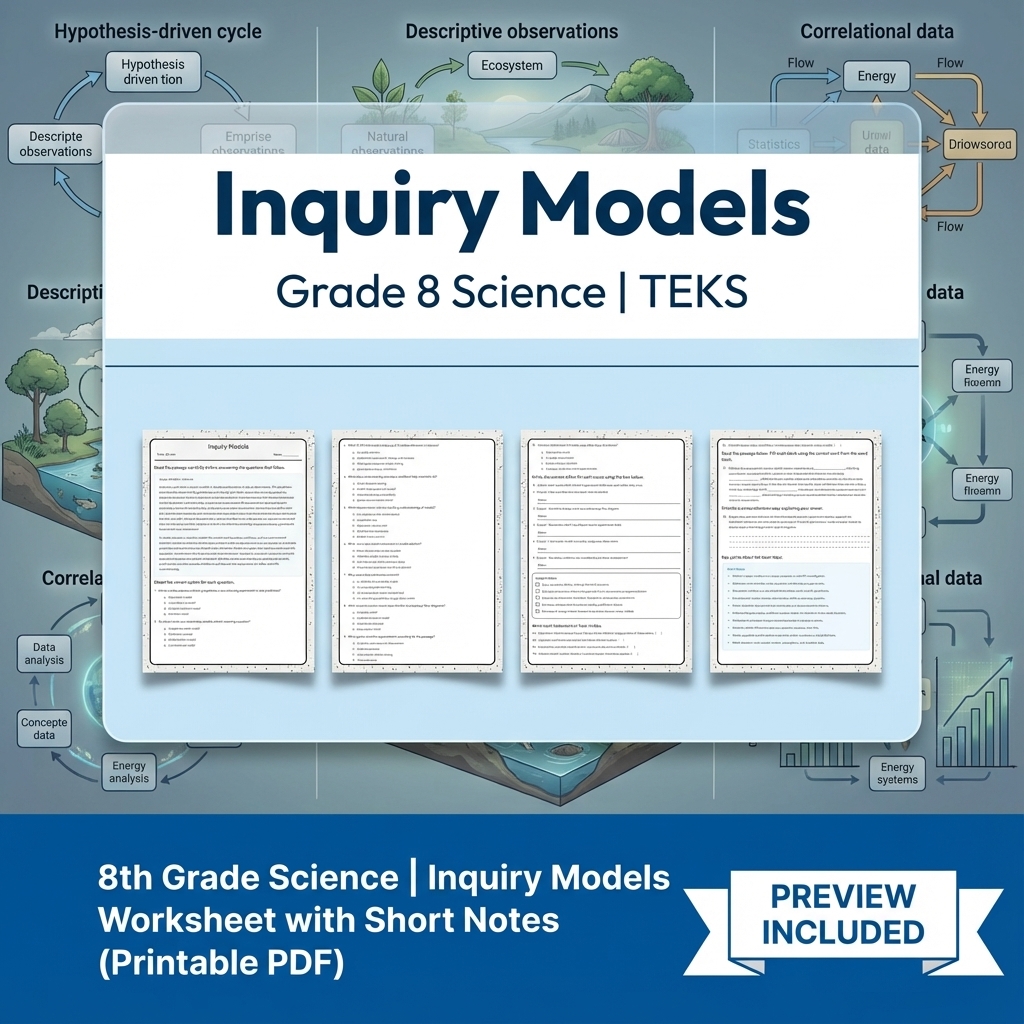 8th Grade Science | Inquiry Models Worksheet with Short Notes (Printable PDF)