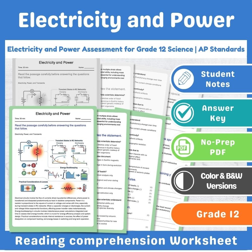 Grade 12 Science assessment worksheet — Electricity and Power Assessment for Grade 12 Science | AP Standards — page 1