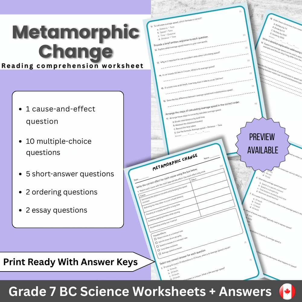 Grade 7 Science | Metamorphic Change Worksheet (Answer Key) | BC Standards