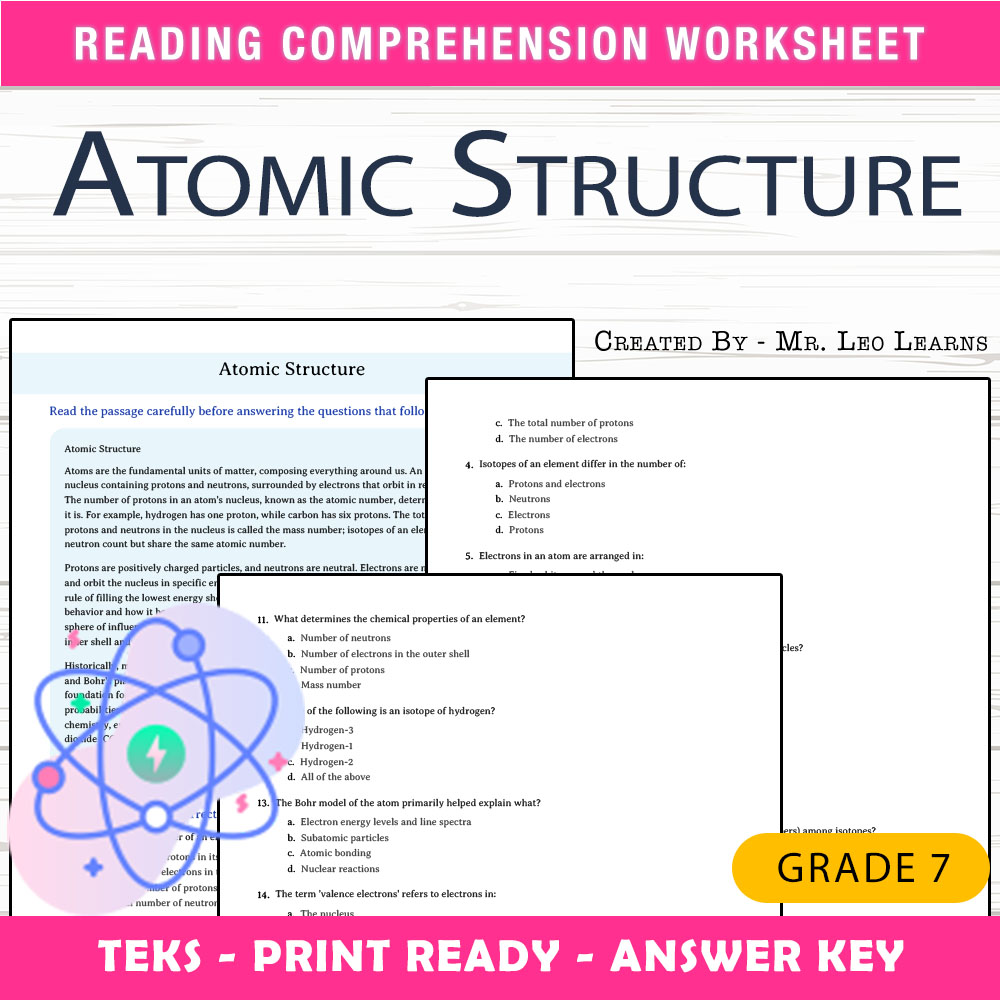 Grade 7 Science worksheet worksheet — Grade 7 Science — Atomic Structure Worksheet for Mastery — page 1