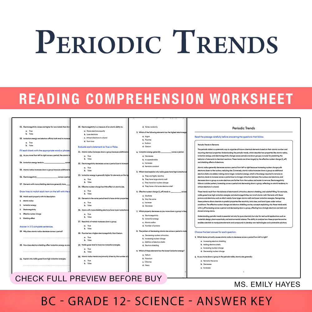 Grade 12 Science worksheet worksheet — 12th Grade Science | Periodic Trends Worksheet (PDF + Answer Key) — page 1