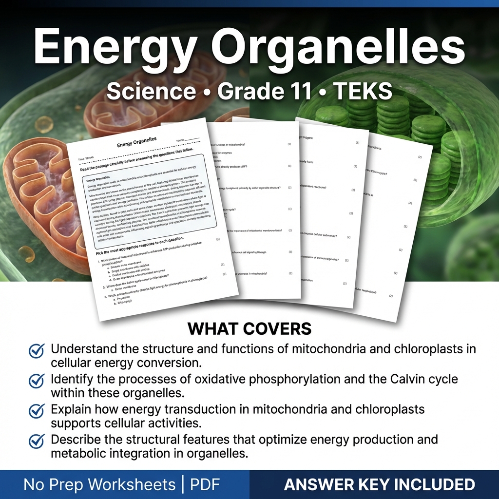 Energy Organelles Worksheet for Grade 11 Science | Standard Practice