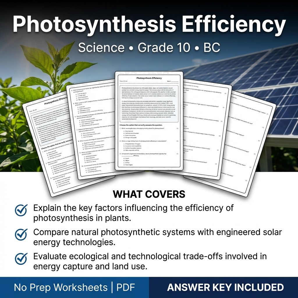 10th Grade Science | Photosynthesis Efficiency Worksheet & Answer Key (PDF)