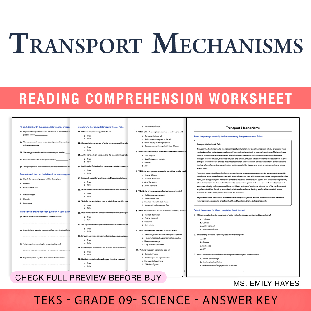 Grade 9 Science worksheet worksheet — Grade 9 Science | Transport Mechanisms Worksheet (PDF+ Answer Key) — page 1