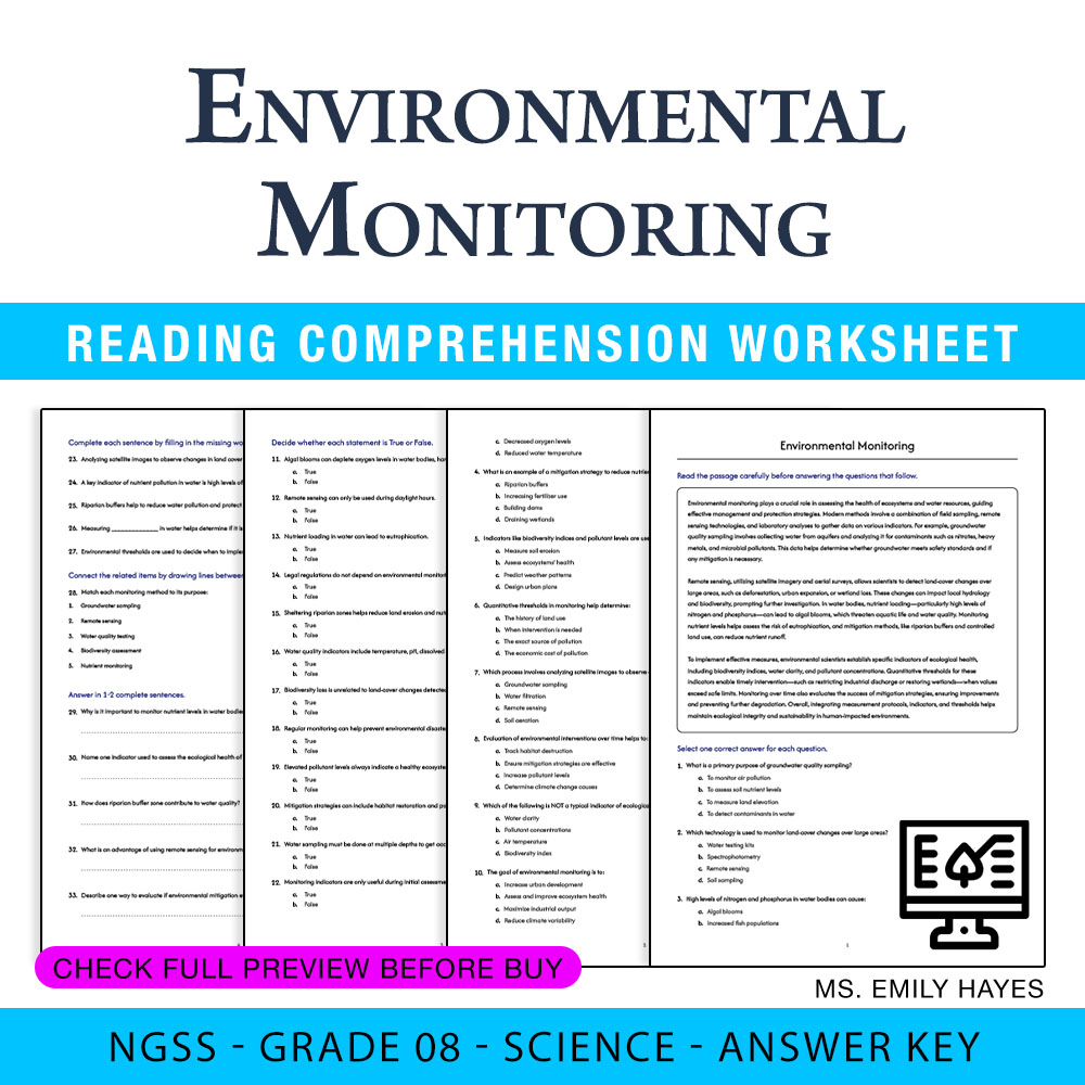 Grade 8 Science worksheet worksheet — 8th Grade Science | Environmental Monitoring Worksheet (PDF+ Answer Key) — page 1