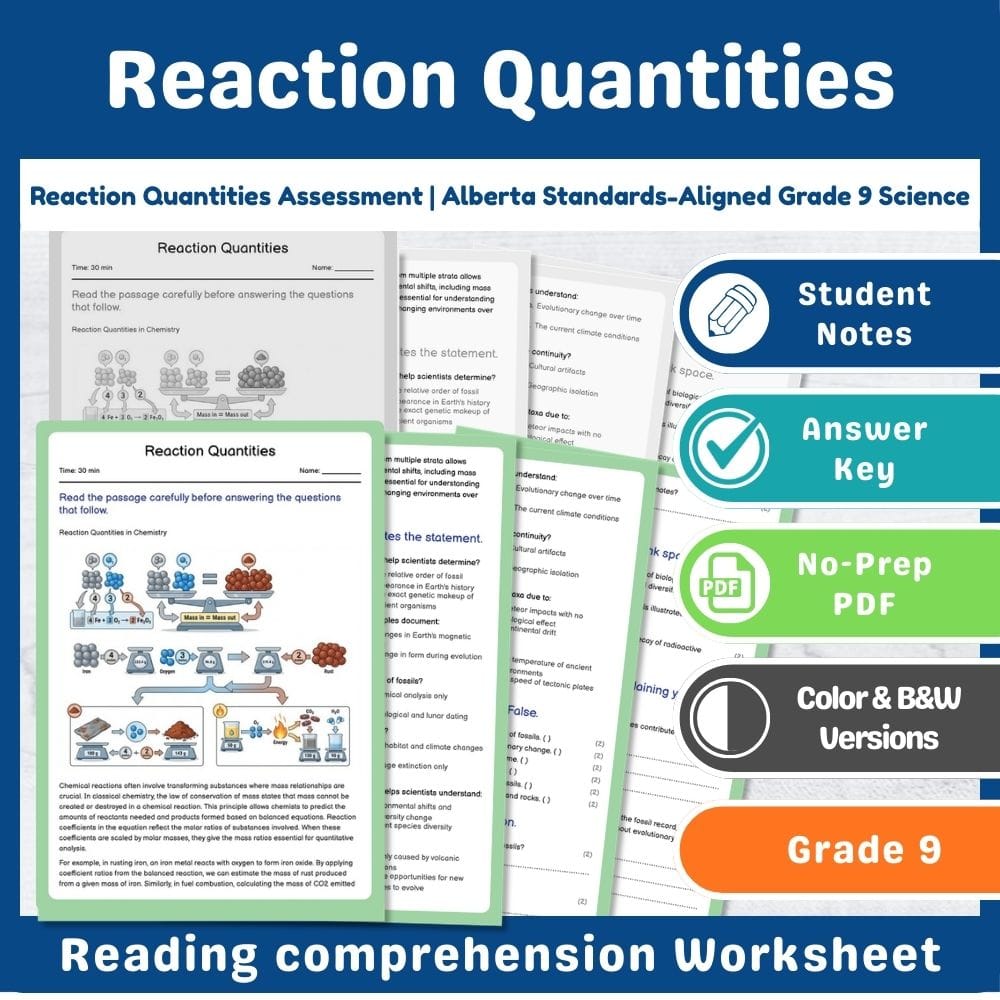 Grade 9 Science assessment worksheet — Reaction Quantities Assessment | Alberta Standards-Aligned Grade 9 Science — page 1