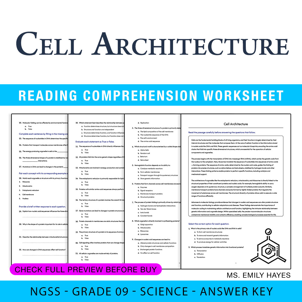 Grade 9 Science worksheet worksheet — 9th Grade Science | Cell Architecture Worksheet (PDF+ Answer Key) — page 1