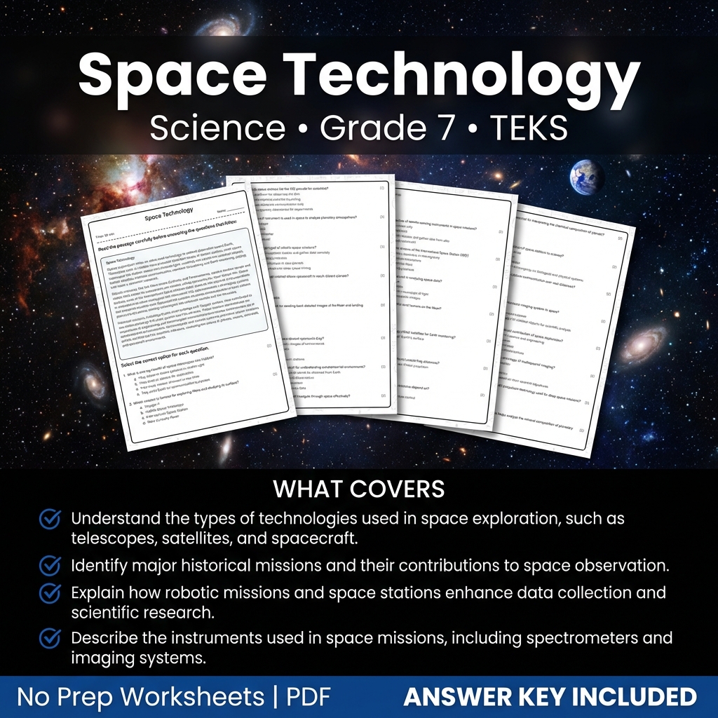 Grade 7 Science worksheet — Grade 7 Science Worksheet on Space Technology | TEKS aligned