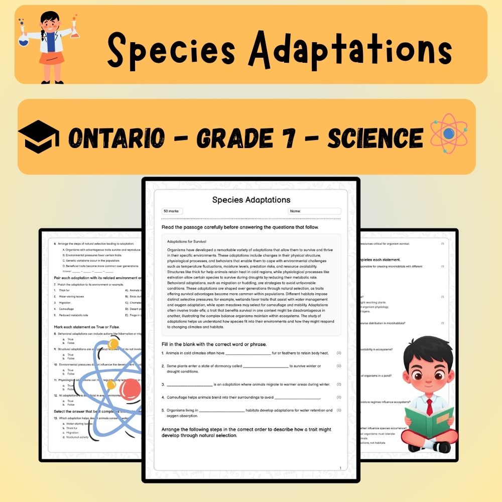 Grade 7 Science worksheet worksheet — Grade 7 Science | Species Adaptations Worksheet (PDF ) – Ontario Standards — page 1