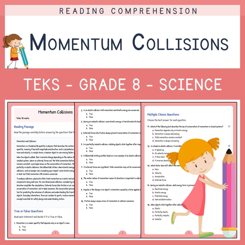 Grade 8 Science worksheet elena worksheet — Grade 8 Science | Momentum Collisions Worksheet | TEKS-Aligned — page 1
