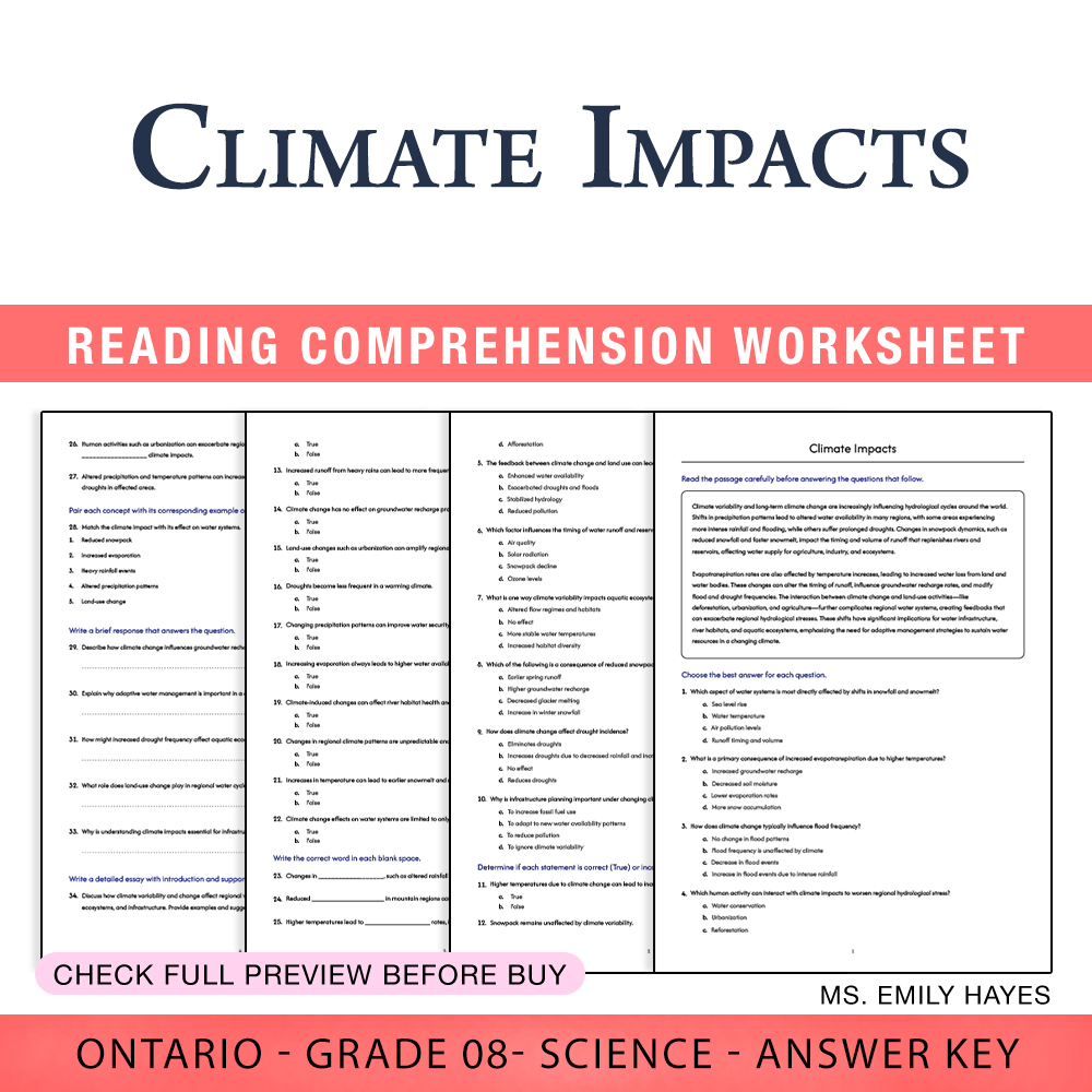 Grade 8 Science worksheet worksheet — Grade 8 Science | Climate Impacts Worksheet (PDF+ Answer Key) — page 1
