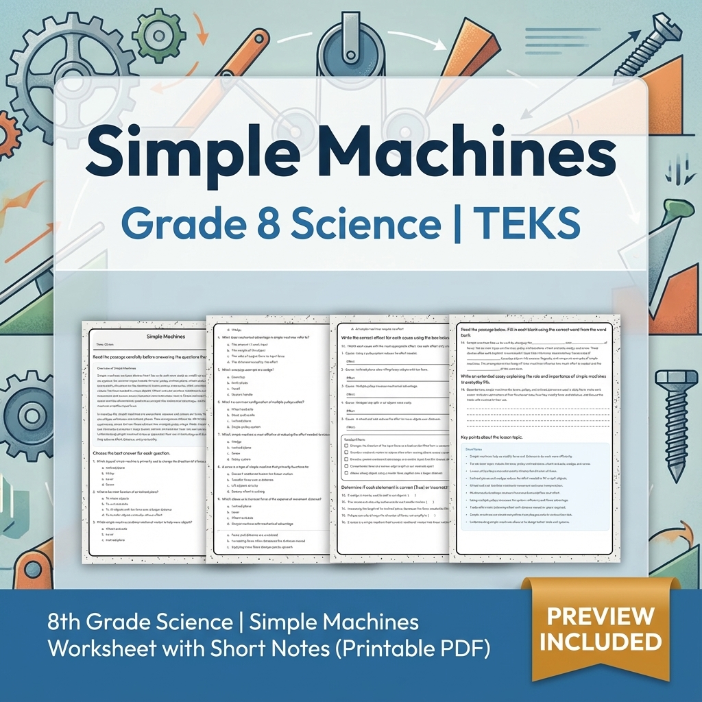 8th Grade Science | Simple Machines Worksheet with Short Notes (Printable PDF)