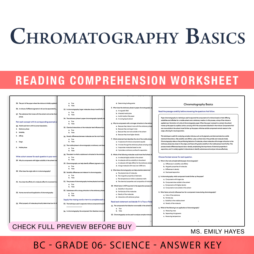 Grade 6 Science worksheet worksheet — 6th Grade Science | Chromatography Basics Worksheet (PDF+ Answer Key) — page 1