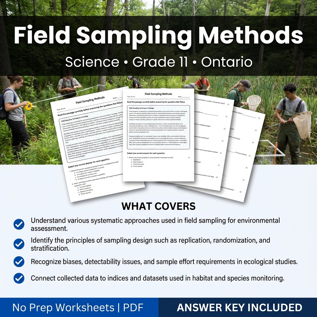 Grade 11 Science Worksheet on Field Sampling Methods | Ontario Standards