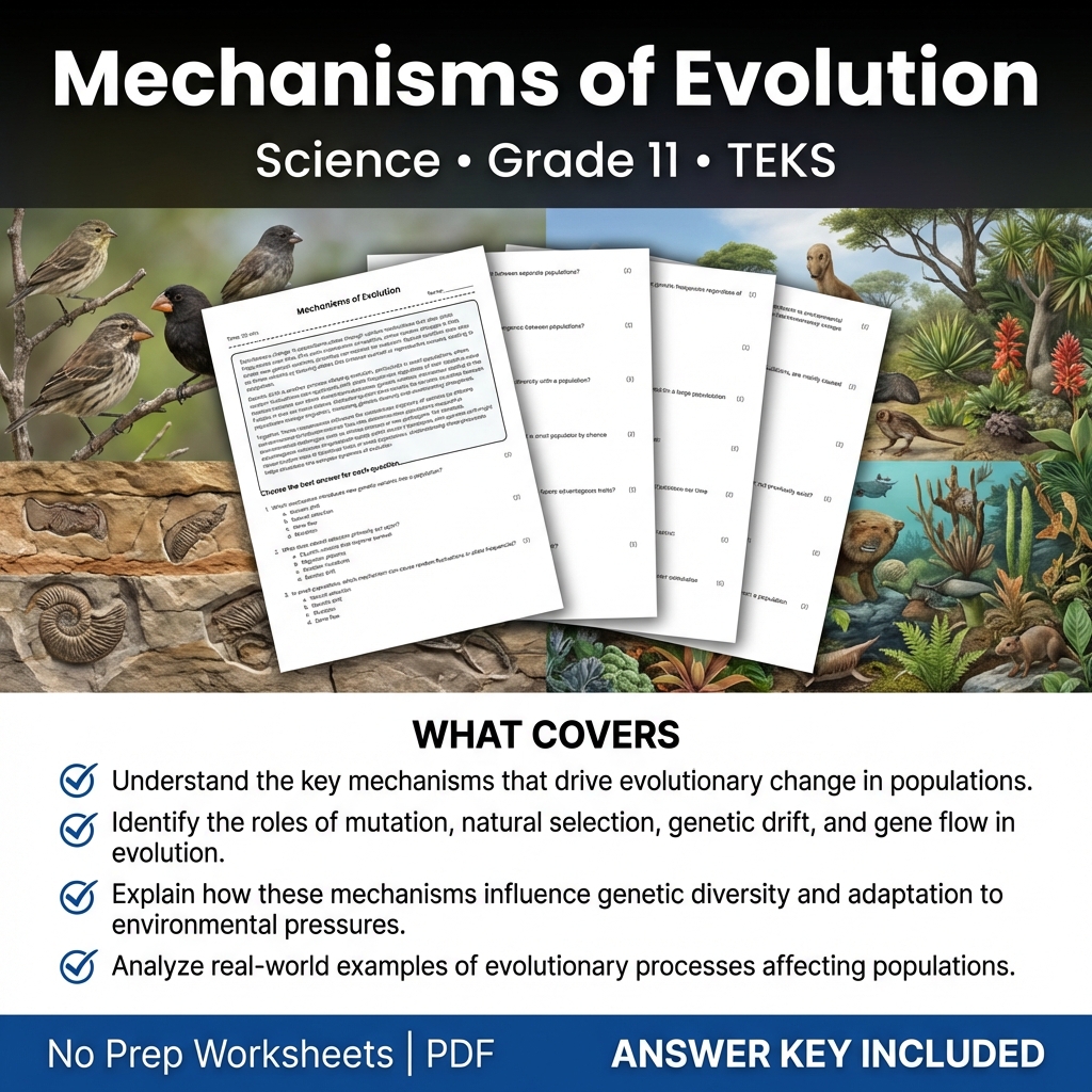 Grade 11 Science worksheet — Grade 11 Science Worksheet on Mechanisms of Evolution | TEKS Aligned