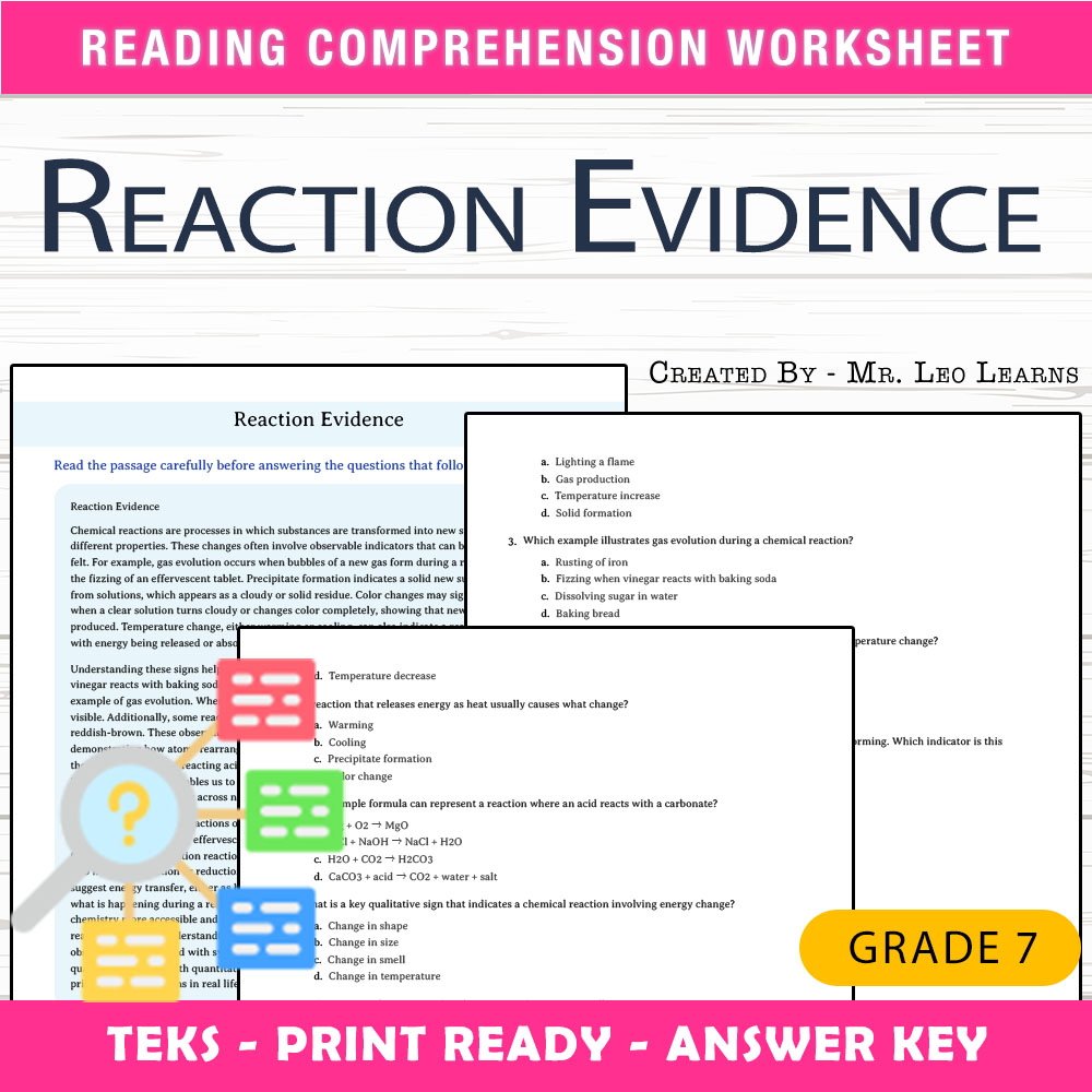 Grade 7 Science worksheet worksheet — Grade 7 Science — Reaction Evidence Worksheet for Mastery — page 1