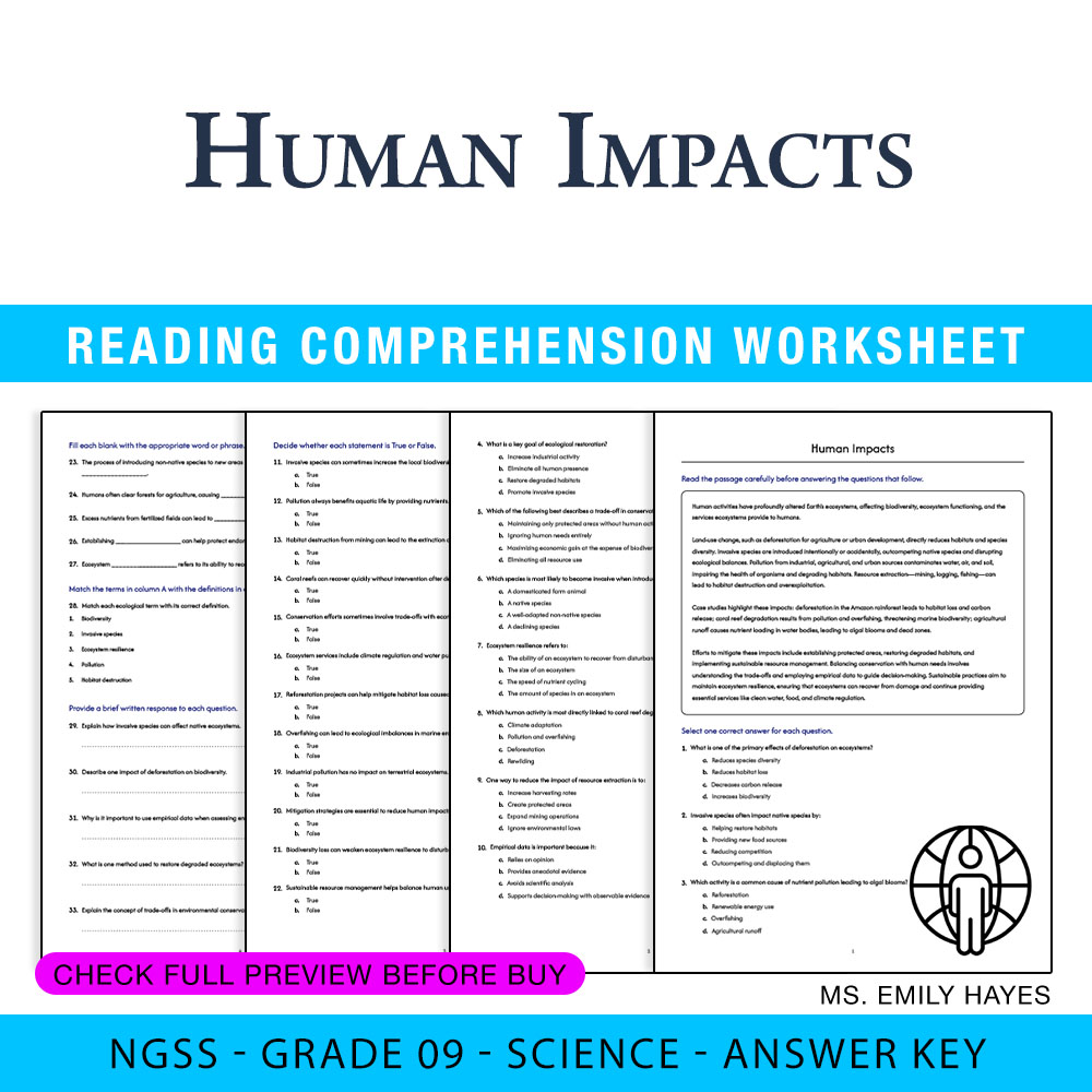 Grade 9 Science worksheet worksheet — 9th Grade Science | Human Impacts Worksheet (PDF+ Answer Key) — page 1