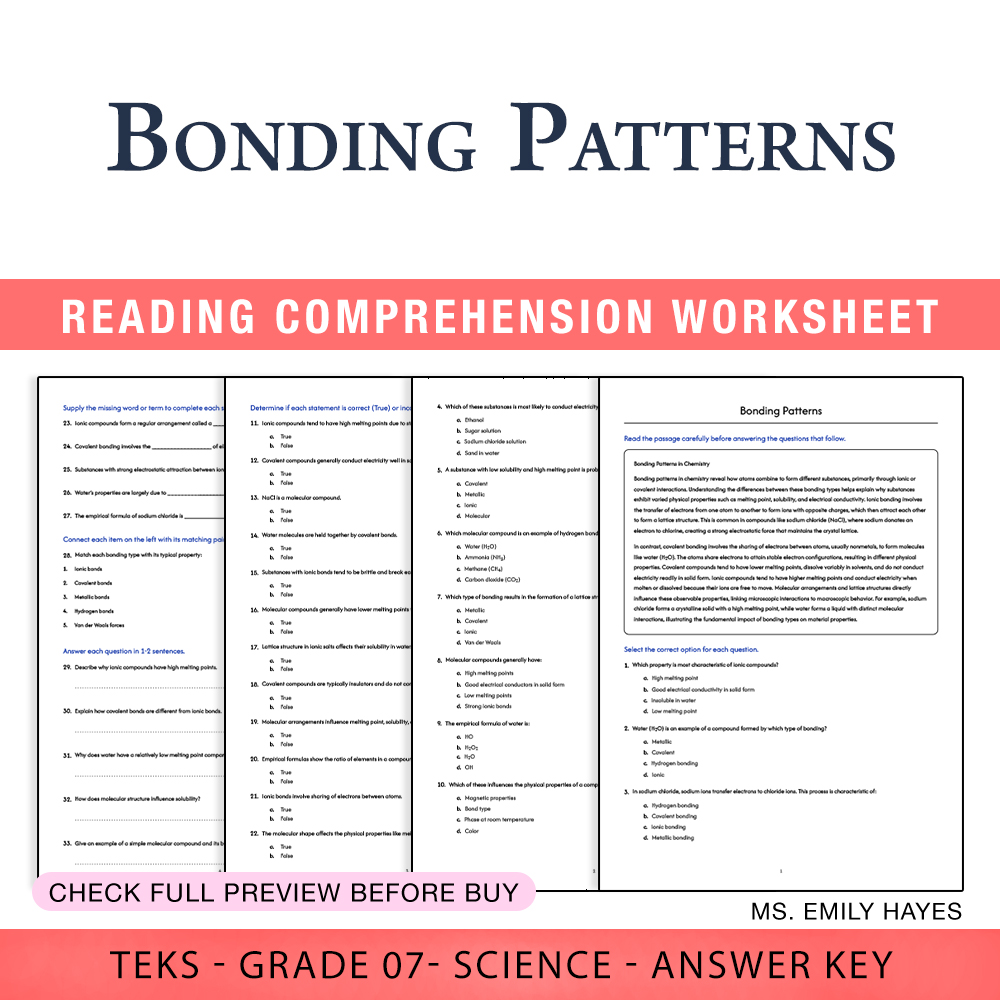 Grade 7 Science worksheet worksheet — 7th Grade Science | Bonding Patterns Worksheet (PDF+ Answer Key) — page 1