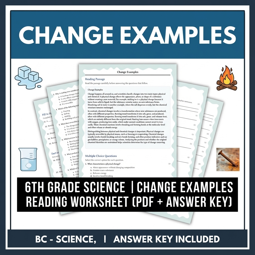 6th Grade Science | Change Examples Reading Worksheet (PDF + Answer Key)