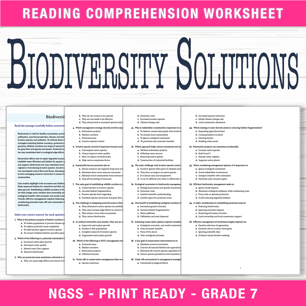 Grade 7 Science worksheet worksheet — Grade 7 Science | Biodiversity Solutions Worksheet (PDF + Answer Key) — page 1