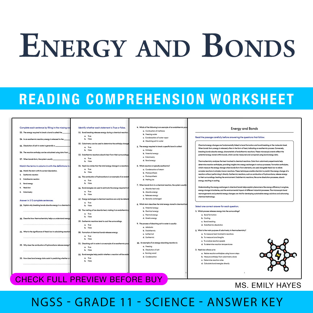 Grade 11 Science worksheet worksheet — 11th Grade Science | Energy and Bonds Worksheet (PDF + Answer Key) — page 1