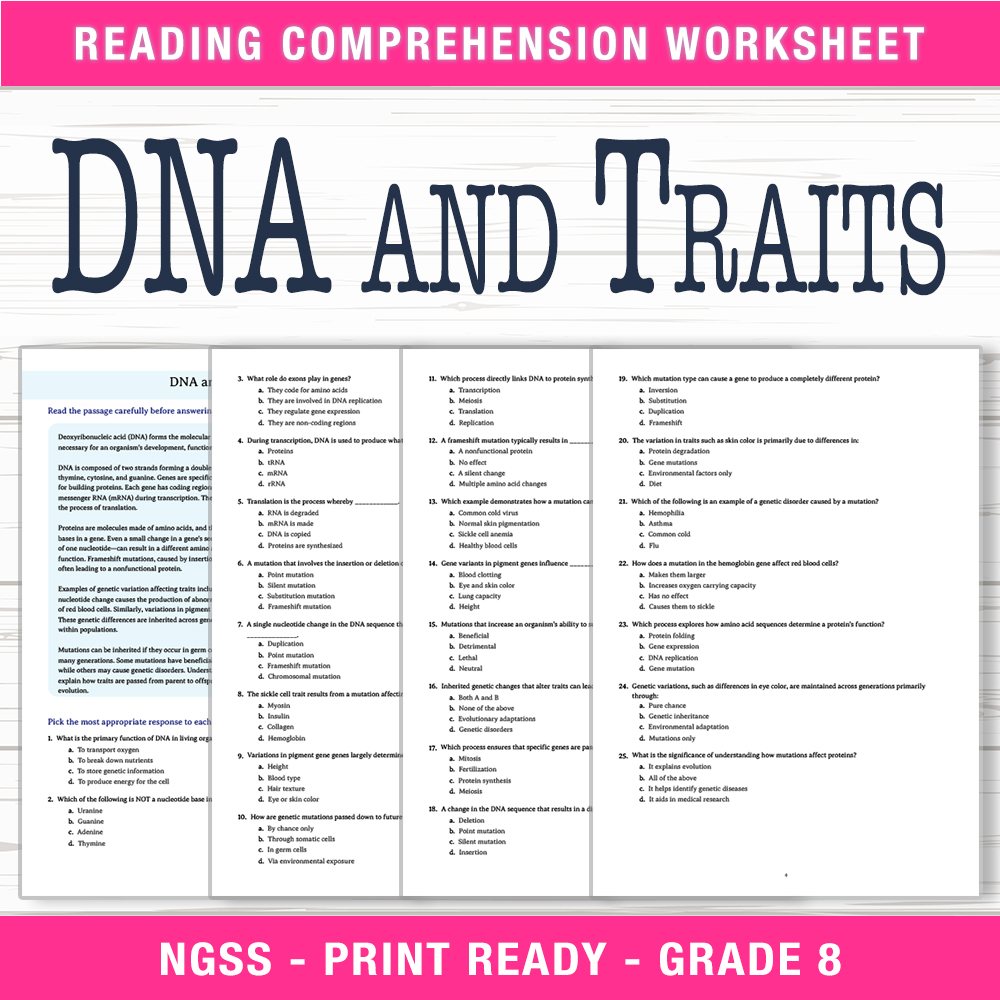 Grade 8 Science worksheet worksheet — Grade 8 Science | DNA and Traits Worksheet (PDF + Answer Key) — page 1
