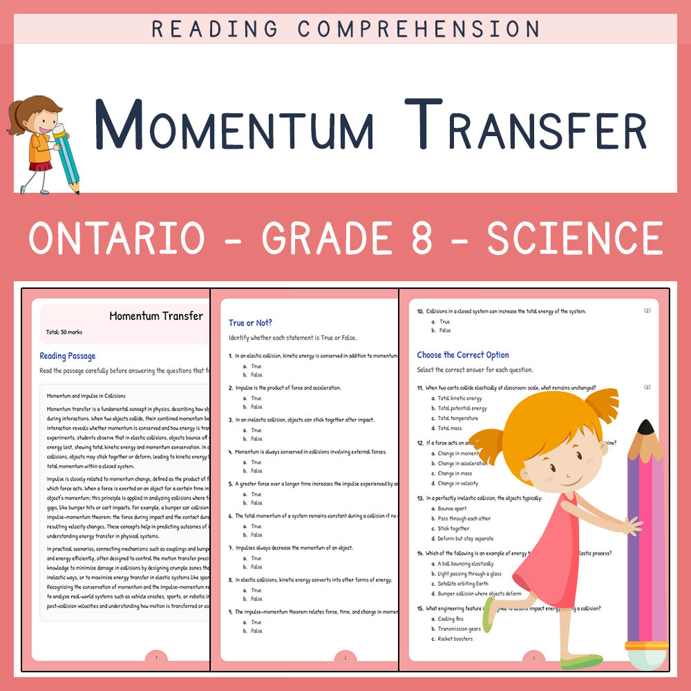 Grade 8 Science worksheet elena worksheet — Grade 8 Science Assessment | Momentum Transfer Worksheet Elena | Ontario — page 1