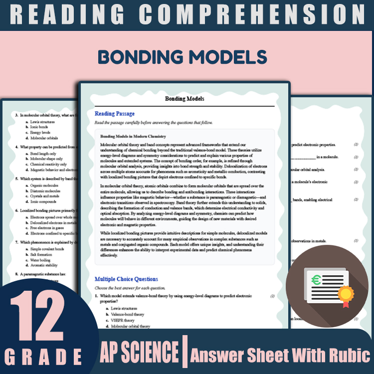 Grade 12 Science reading worksheets worksheet — Grade 12 Science | Bonding Models Reading Worksheet (PDF + Answer Key) — p…