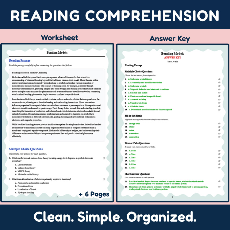 Grade 12 Science reading worksheets worksheet — Grade 12 Science | Bonding Models Reading Worksheet (PDF + Answer Key) — p…