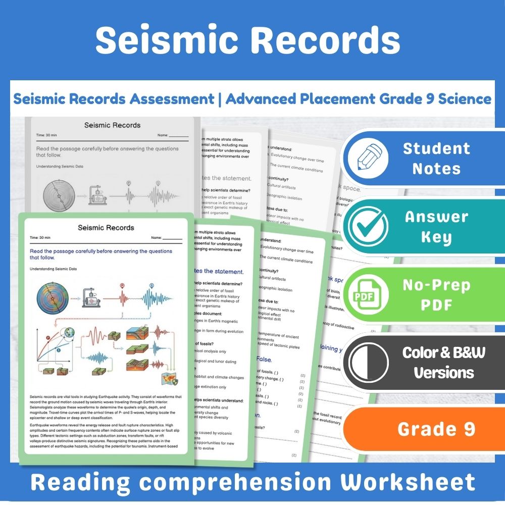 Grade 9 Science assessment worksheet — Seismic Records Assessment | Advanced Placement Grade 9 Science — page 1