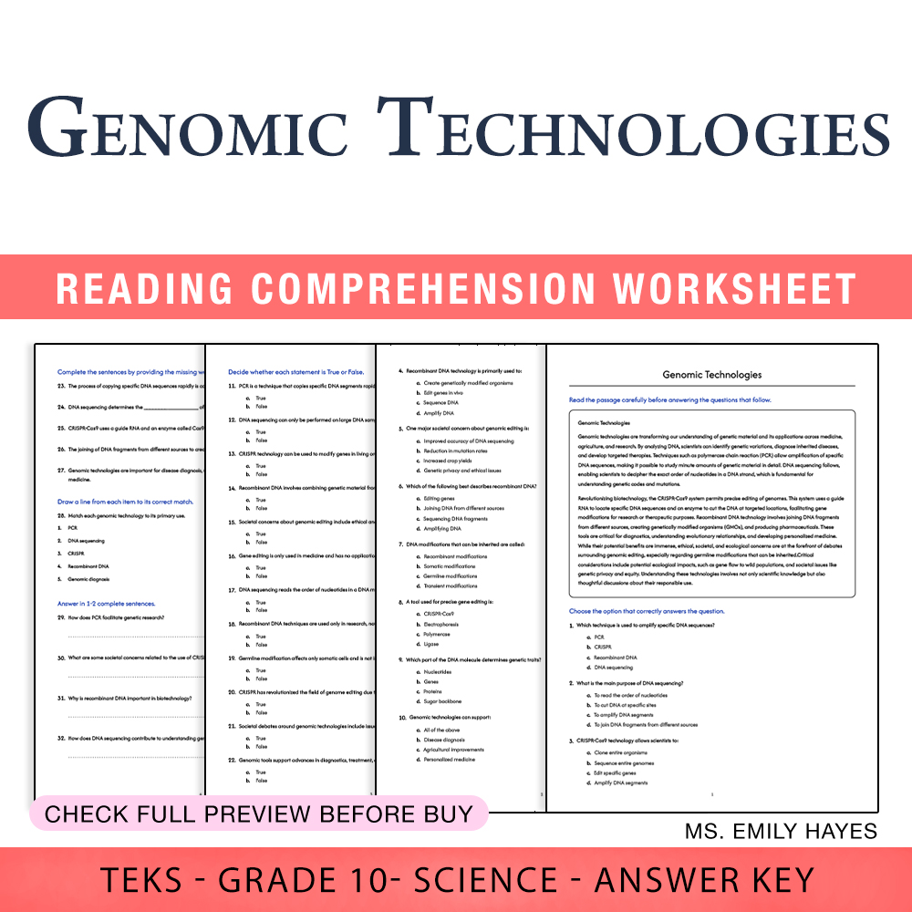Grade 10 Science worksheet worksheet — 10th Grade Science | Genomic Technologies Worksheet (PDF+ Answer Key) — page 1