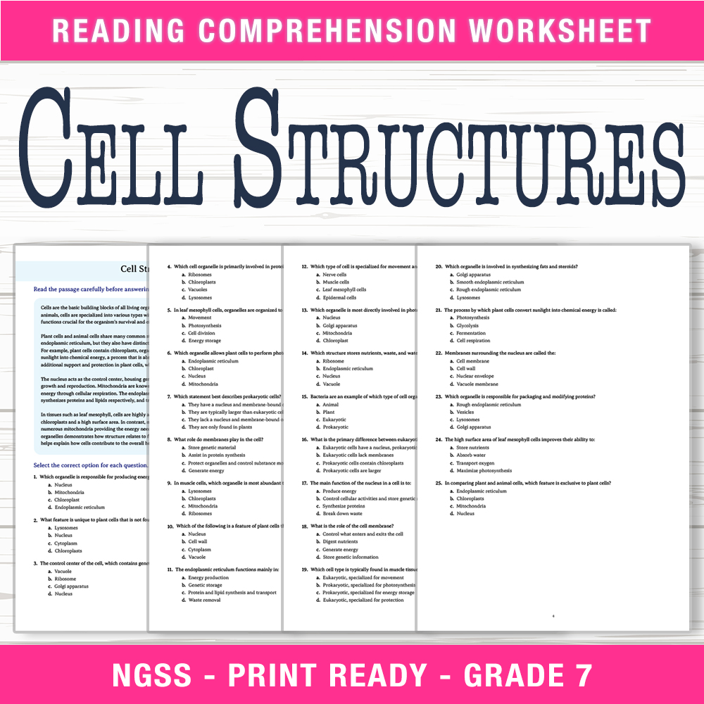 Grade 7 Science worksheet worksheet — Grade 7 Science | Cell Structures Worksheet (PDF + Answer Key) — page 1
