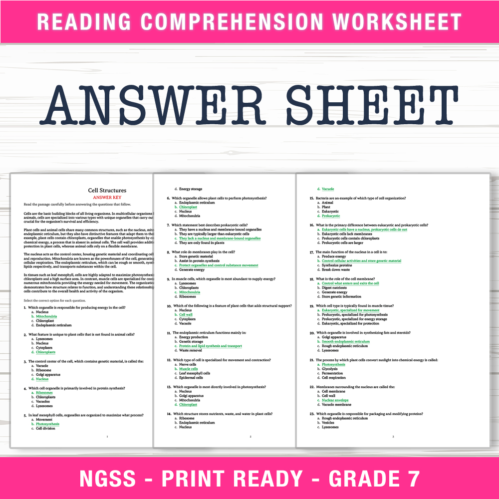 Grade 7 Science worksheet worksheet — Grade 7 Science | Cell Structures Worksheet (PDF + Answer Key) — page 2