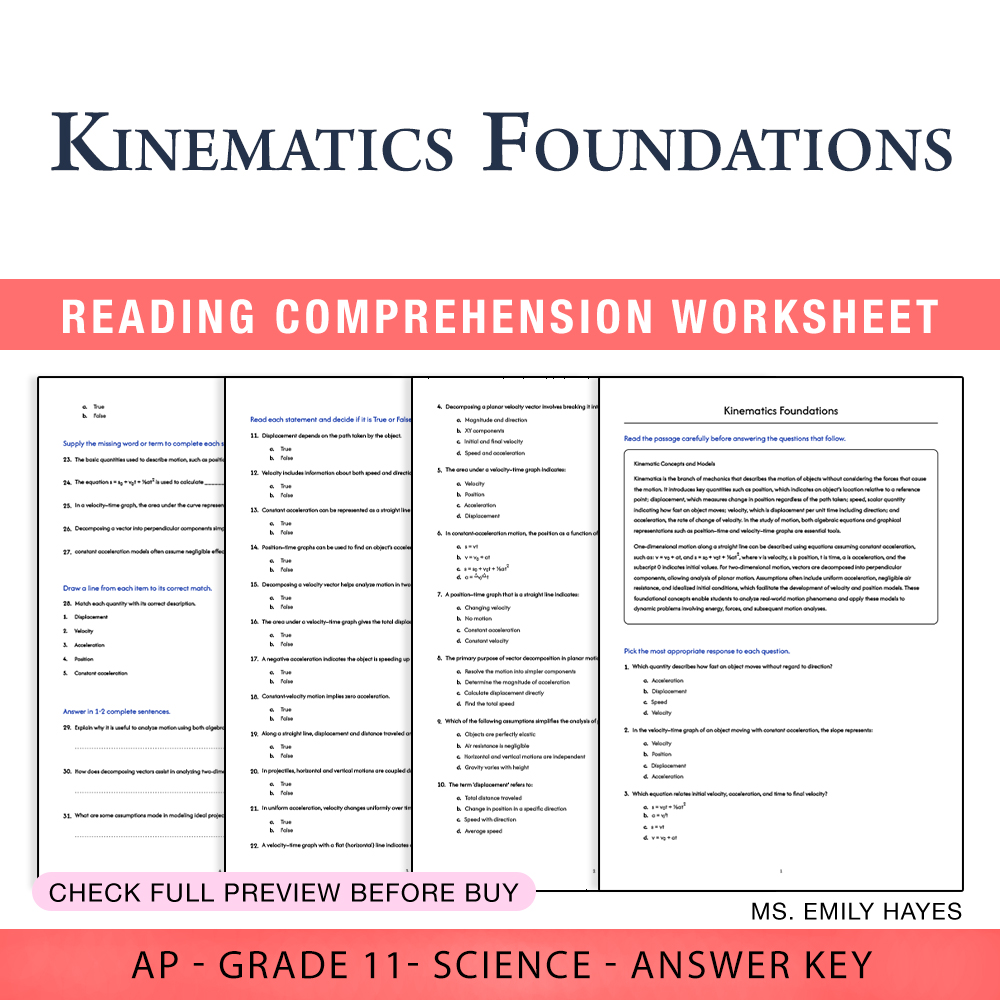 Grade 11 Science worksheet worksheet — 11th Grade Science | Kinematics Foundations Worksheet (PDF+ Answer Key) — page 1