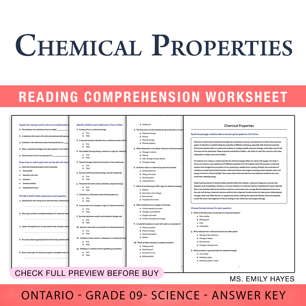 Grade 9 Science worksheet worksheet — Grade 9 Science | Chemical Properties Worksheet (PDF + Answer Key) — page 1