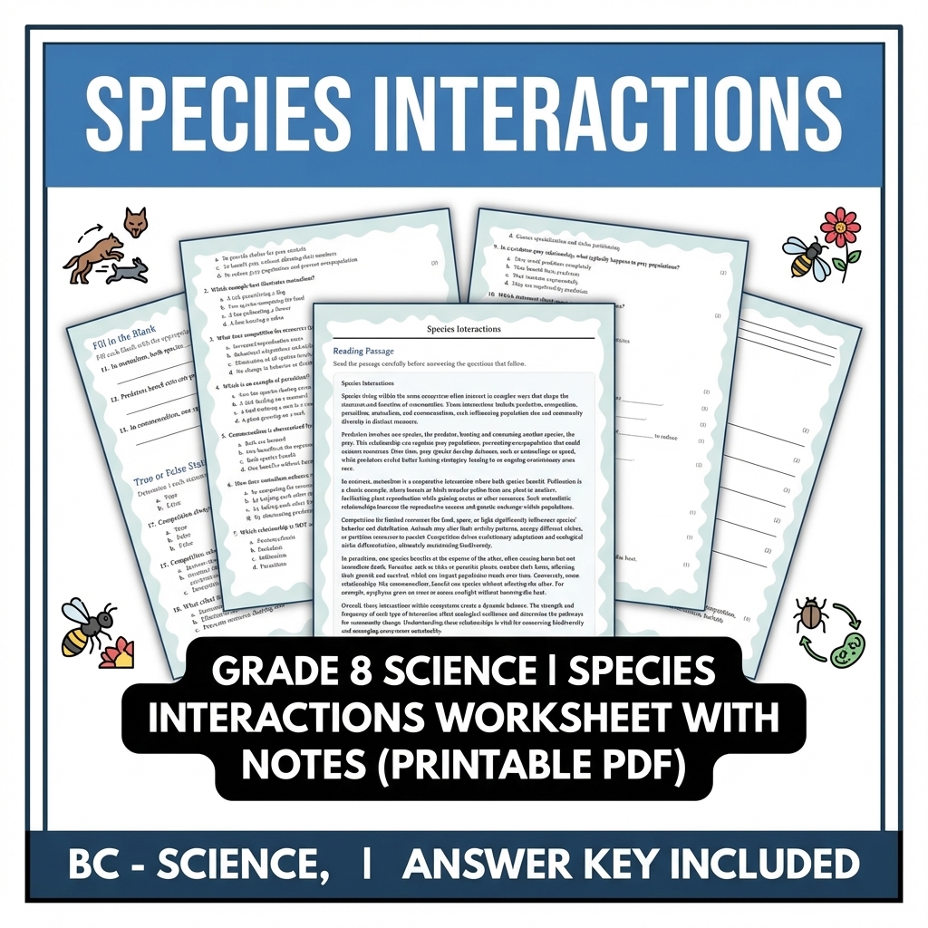 8th Grade Science | Species Interactions Reading Worksheet & Answer Key (PDF)