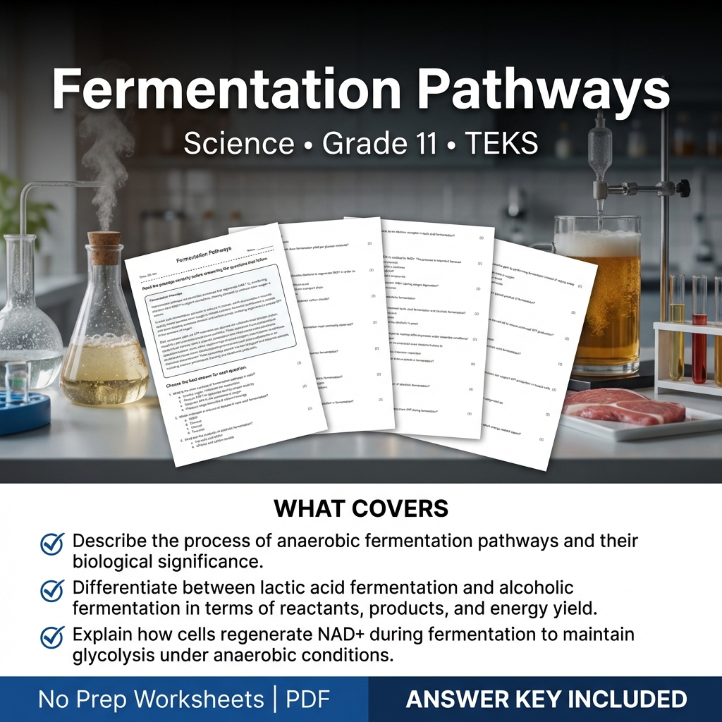 Grade 11 Science worksheet — Grade 11 Science Worksheet on Fermentation Pathways | TEKS Aligned