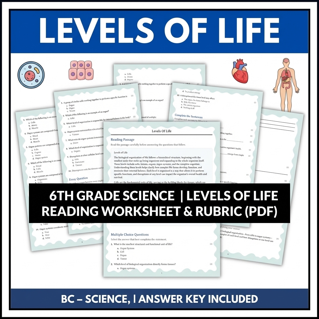 Grade 6 Science reading worksheets — 6th Grade Science | Levels of Life Reading Worksheet & Rubric (PDF)