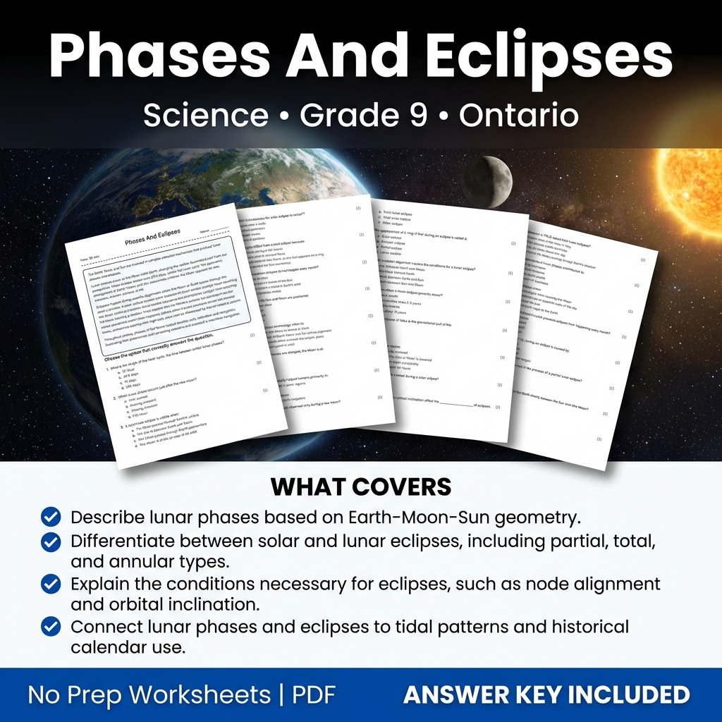 Grade 9 Science Worksheet on Phases and Eclipses – Ontario Standard