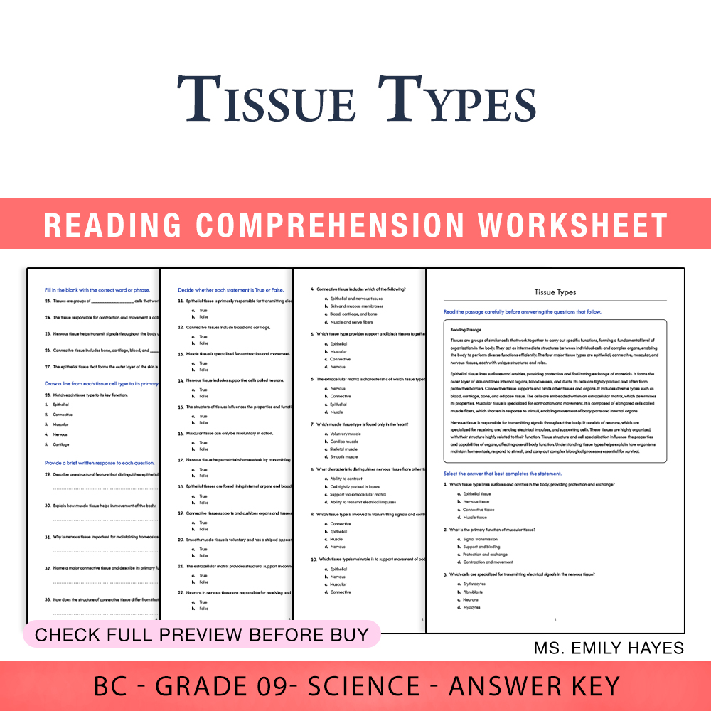 Grade 9 Science worksheet worksheet — 9th Grade Biology | Tissue Types Worksheet (PDF+ Answer Key) — page 1