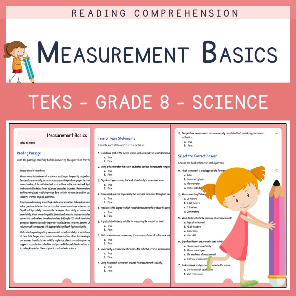 Grade 8 Science worksheet elena worksheet — Grade 8 Science | Measurement Basics Worksheet | TEKS Aligned — page 1