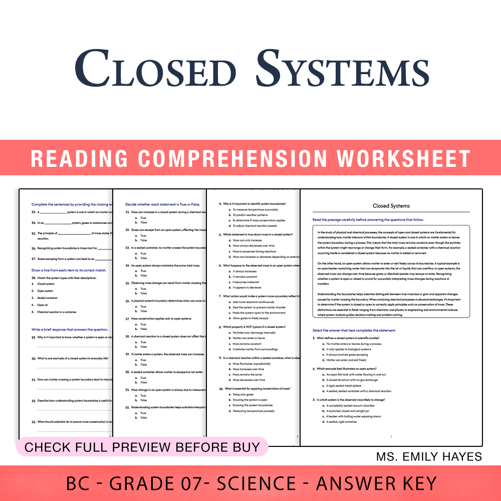 Grade 7 Science worksheet worksheet — 7th Grade Science | Closed Systems Worksheet (PDF+ Answer Key) — page 1