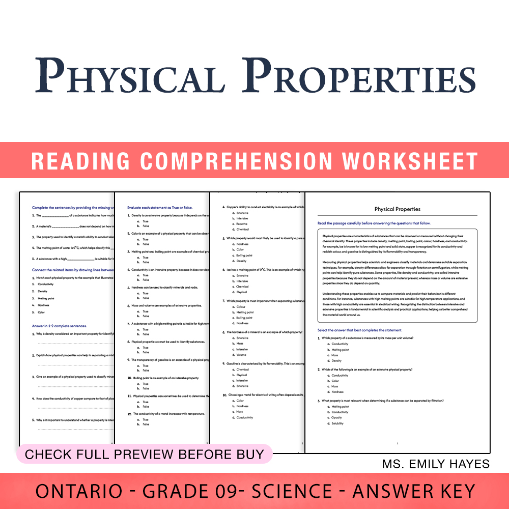 Grade 9 Science worksheet worksheet — 9th Grade Science | Physical Properties Worksheet (PDF + Answer Key) — page 1