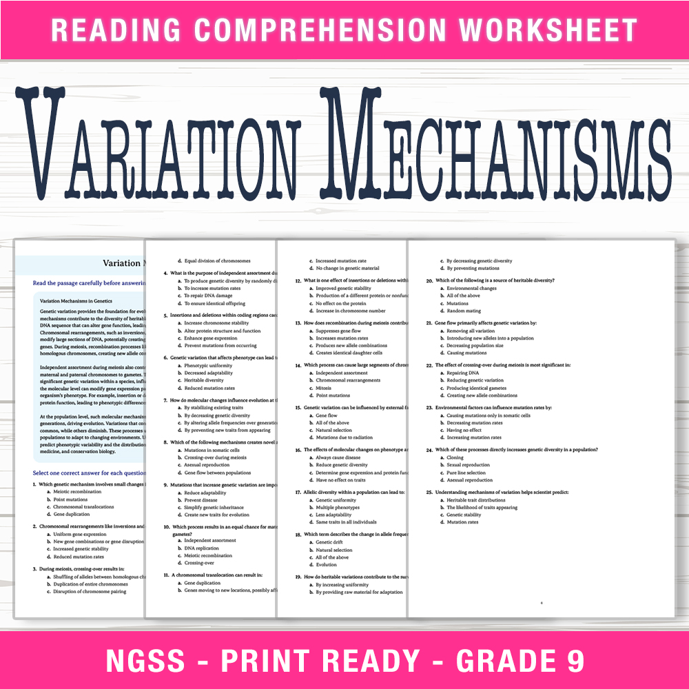 Grade 9 Science worksheet worksheet — Grade 9 Science | Variation Mechanisms Worksheet (PDF + Answer Key) — page 1
