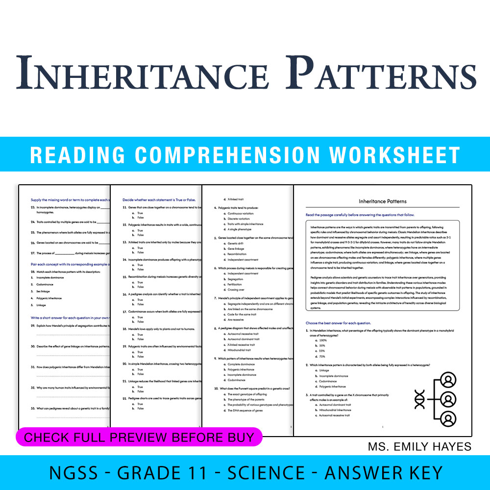 Grade 11 Science worksheet — 11th Grade Science | Inheritance Patterns Worksheet (PDF+ Answer Key) — page 1