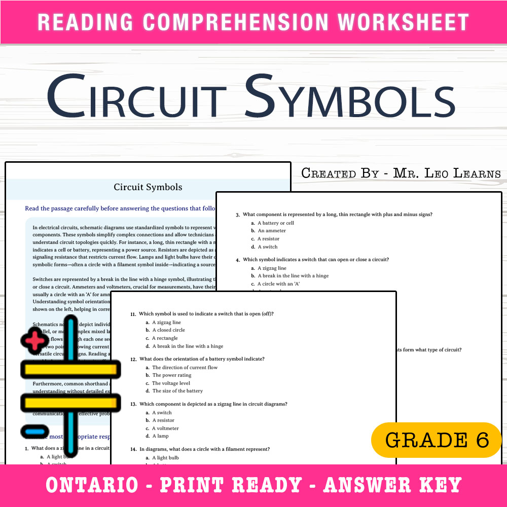 Grade 6 Science worksheet worksheet — Grade 6 Science — Circuit Symbols Worksheet for Mastering Electrical Diagrams — page 1