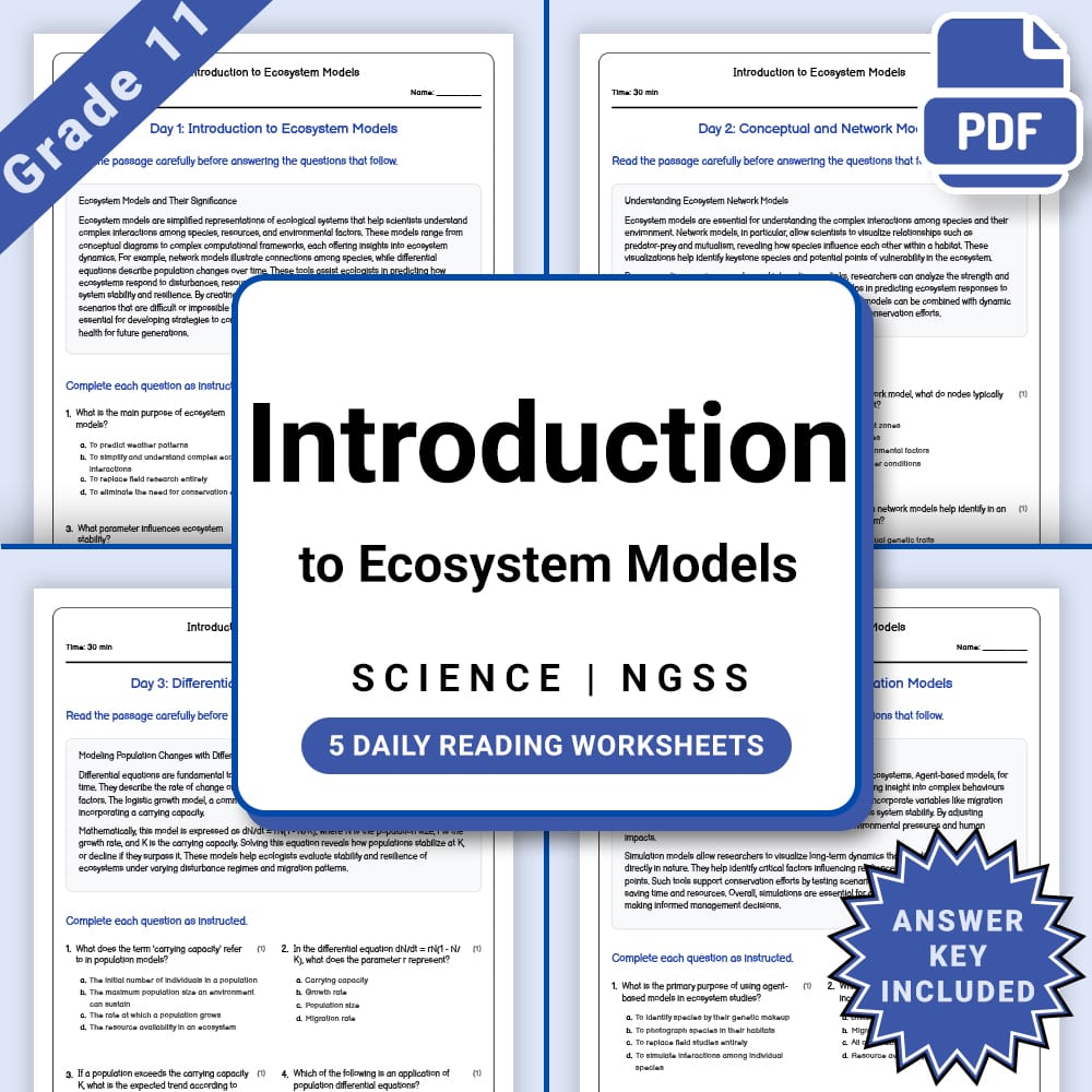 Grade 11 Science daily reading worksheet worksheet — Grade 11 Science – Ecosystem Models Worksheet(PDF +Answer Key) — page 1