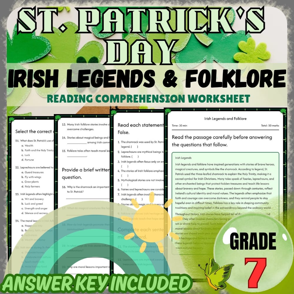 Grade 7 Holiday Bundle | St. Patrick's Day Cultural Traditions and Irish Legends — included worksheet 1