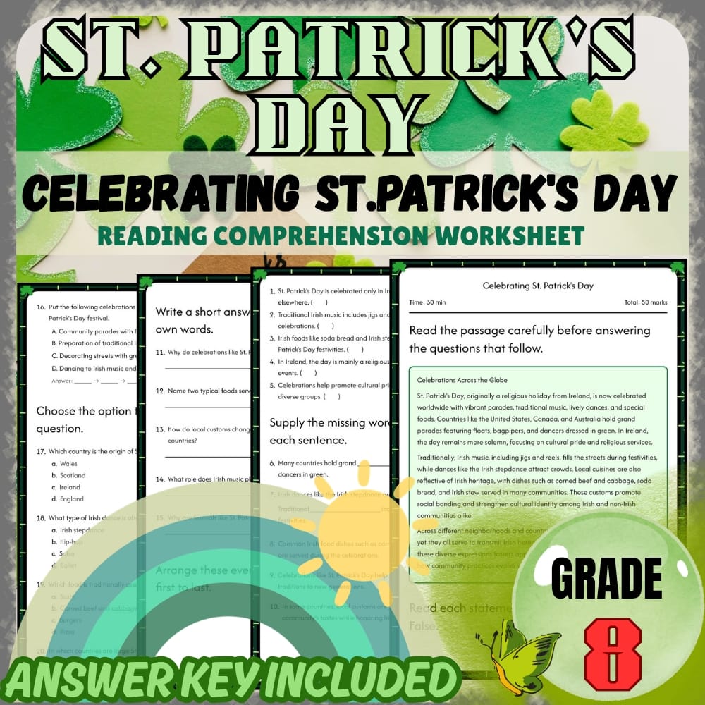 Grade 8 Holiday Worksheets Bundle | St. Patrick's Day Irish Culture & Folklore — included worksheet 1
